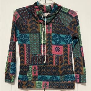 Self-Esteem Boho Patchwork Print Cowl Neck Hoodie, Size S